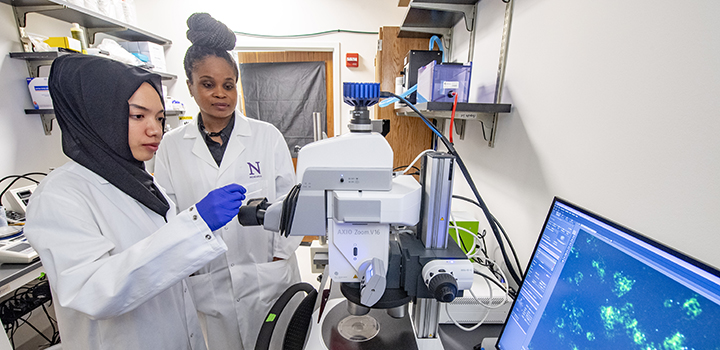 two women in lab looking at a slide